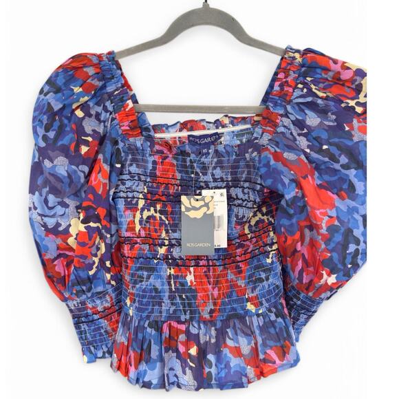 Ro's Garden Trinity Smocked Floral Top Blouse XS Blue | NEW $165 - Picture 5 of 6